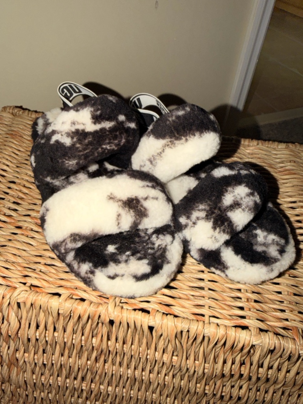 UGG Black and White Shearling Slide with Branded Strap